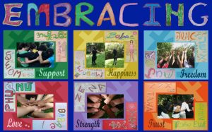 A collage of artwork with the word Embracing at the top